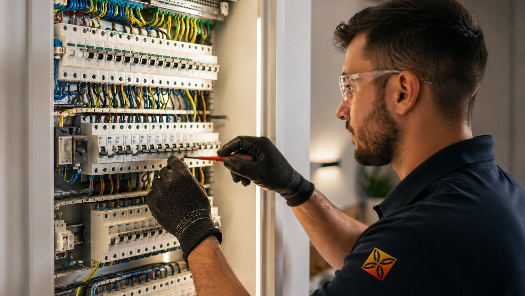 Técnico Saherlux trabajando en cuadro eléctrico